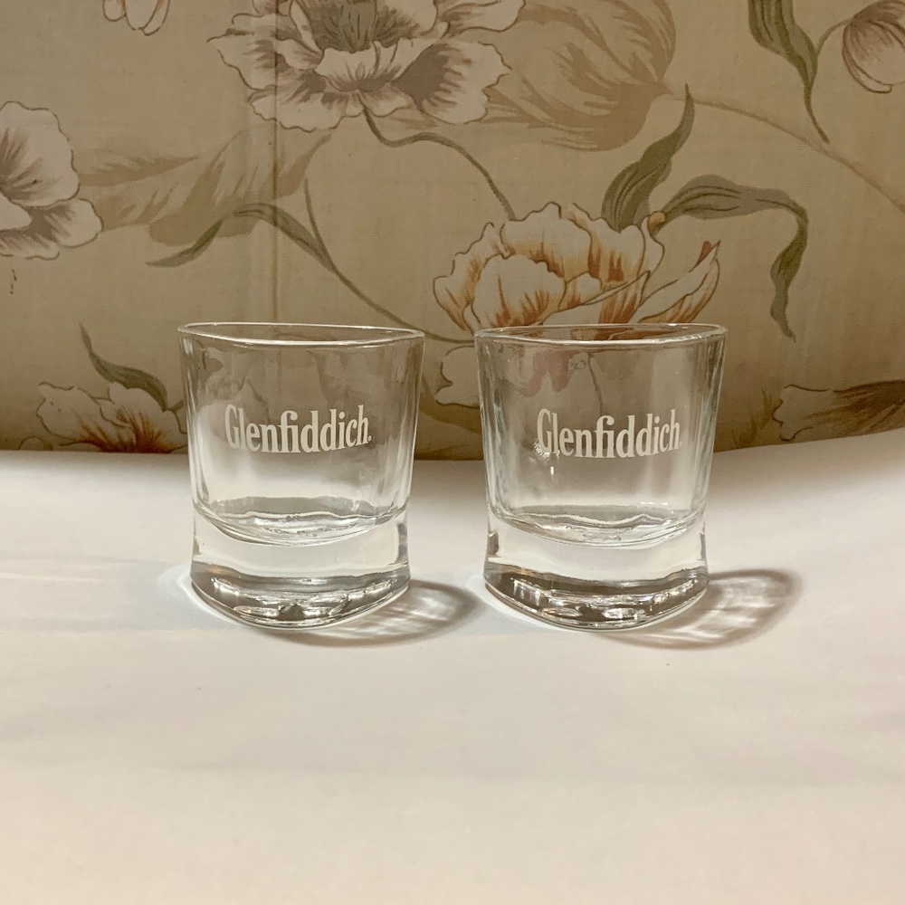 Two Glenfiddich Whiskey Glasses Triangular, Acid Etched Logo, Deer Logo Base